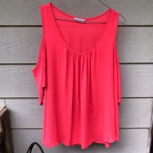 Neon pink cold shoulder top